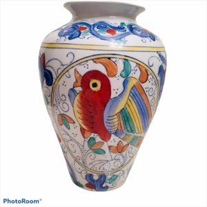Tall Stamped Ceramic Oriental Vase - Hand Painted - Colorful Bird